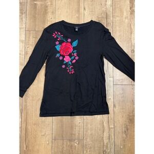Intro Black Long Sleeve Embroidered Rose Floral Top Women's Size S